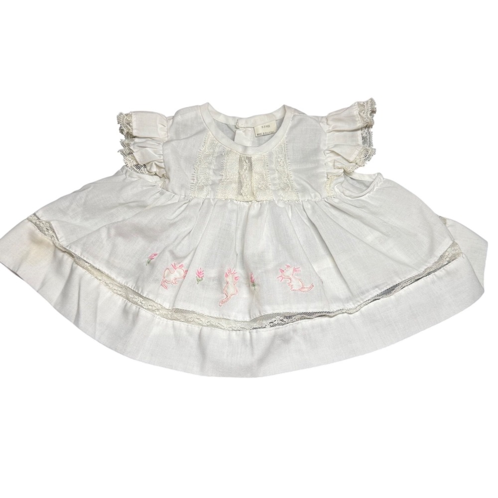 Vintage White Baby Dress 0-3 Months Lace Trim Pink Cat Embroidery Ruffle Sleeve
